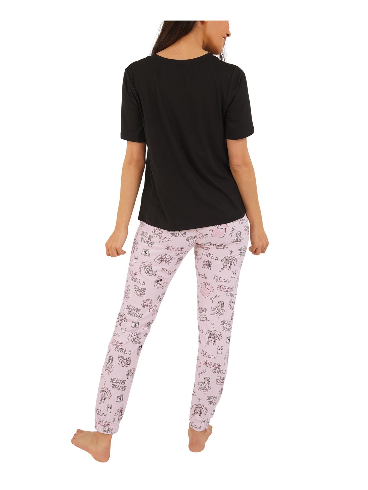 RETROSPECTIVE CO. Womens Pink Graphic Elastic Band Short Sleeve T-Shirt Top Cuffed Pants Pajamas L
