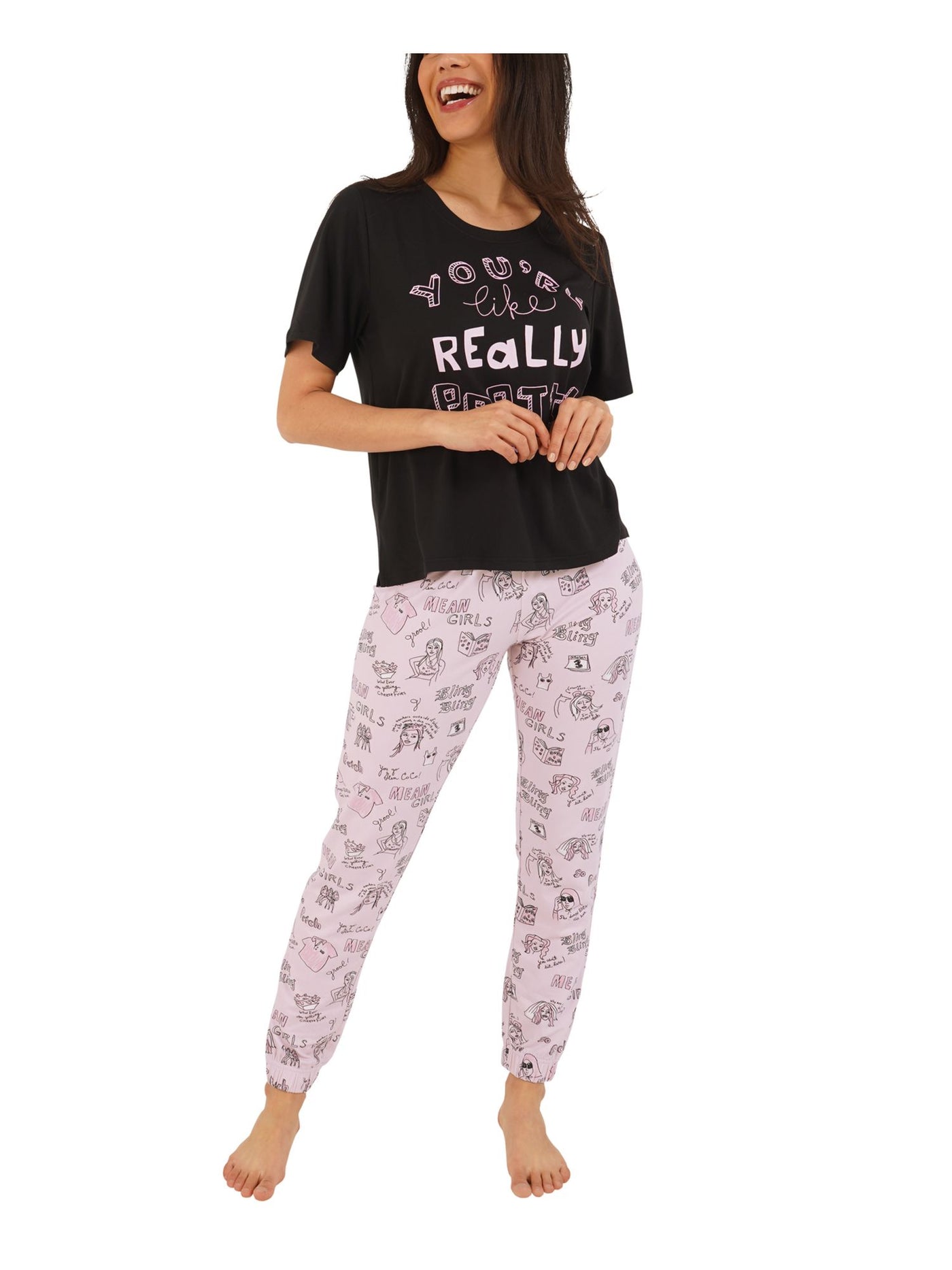 RETROSPECTIVE CO. Womens Pink Graphic Elastic Band Short Sleeve T-Shirt Top Cuffed Pants Pajamas M