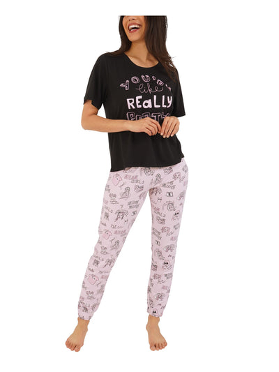 RETROSPECTIVE CO. Womens Pink Graphic Elastic Band Short Sleeve T-Shirt Top Cuffed Pants Pajamas L