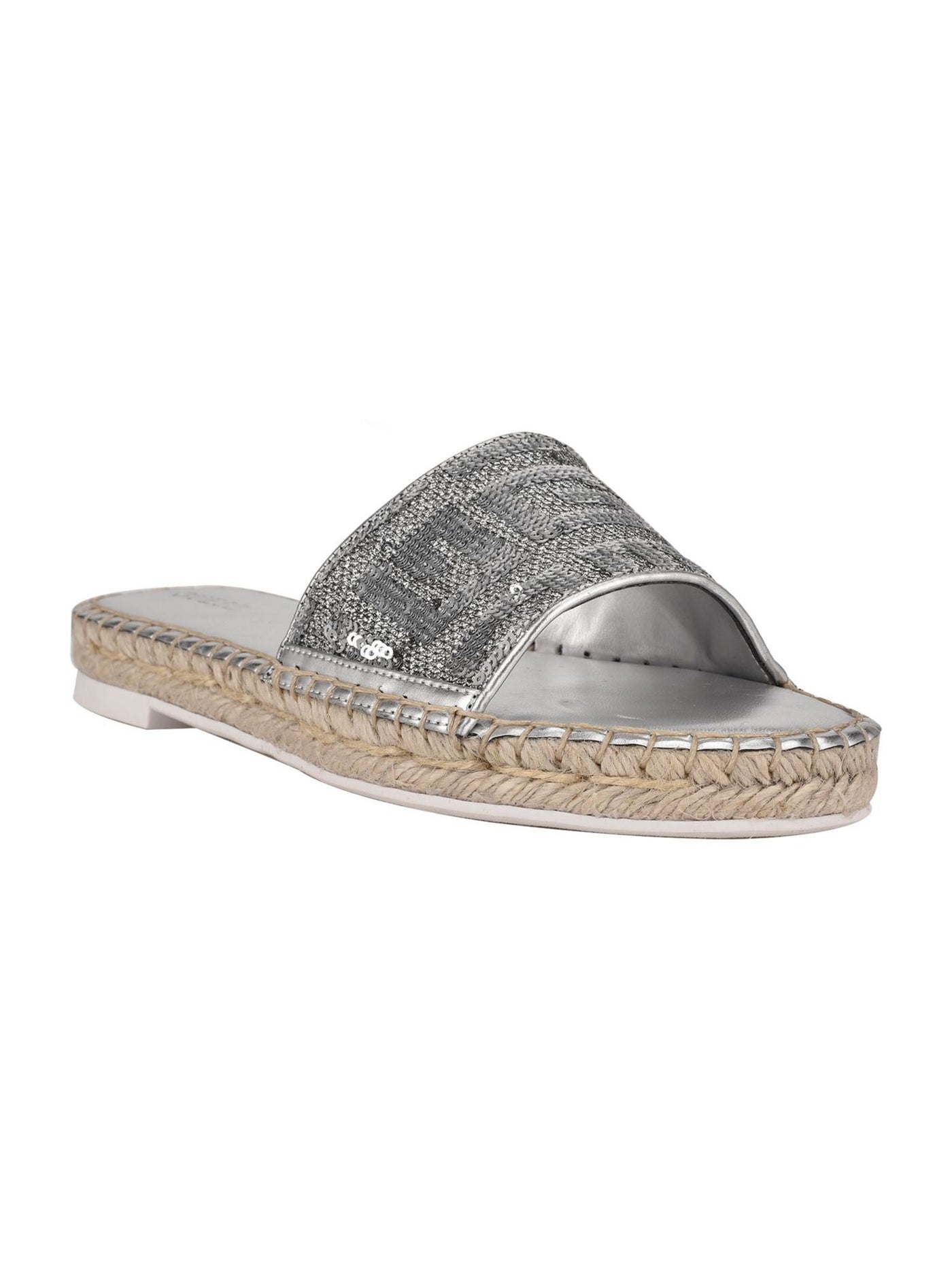 GUESS Womens Silver Jute Wrapped Sequined Comfort Guidany Round Toe Platform Slide Sandals Shoes 6.5 M