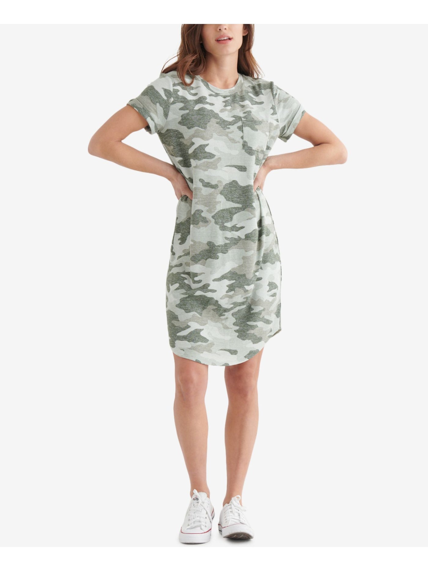 LUCKY BRAND Womens Gray Camouflage Short Sleeve Crew Neck Above The Knee T-Shirt Dress S