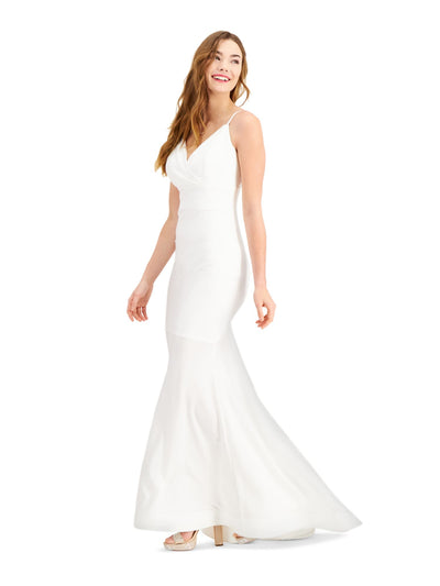 MORGAN & CO Womens White Ruffled Spaghetti Strap Surplice Neckline Full-Length Formal Body Con Dress 3