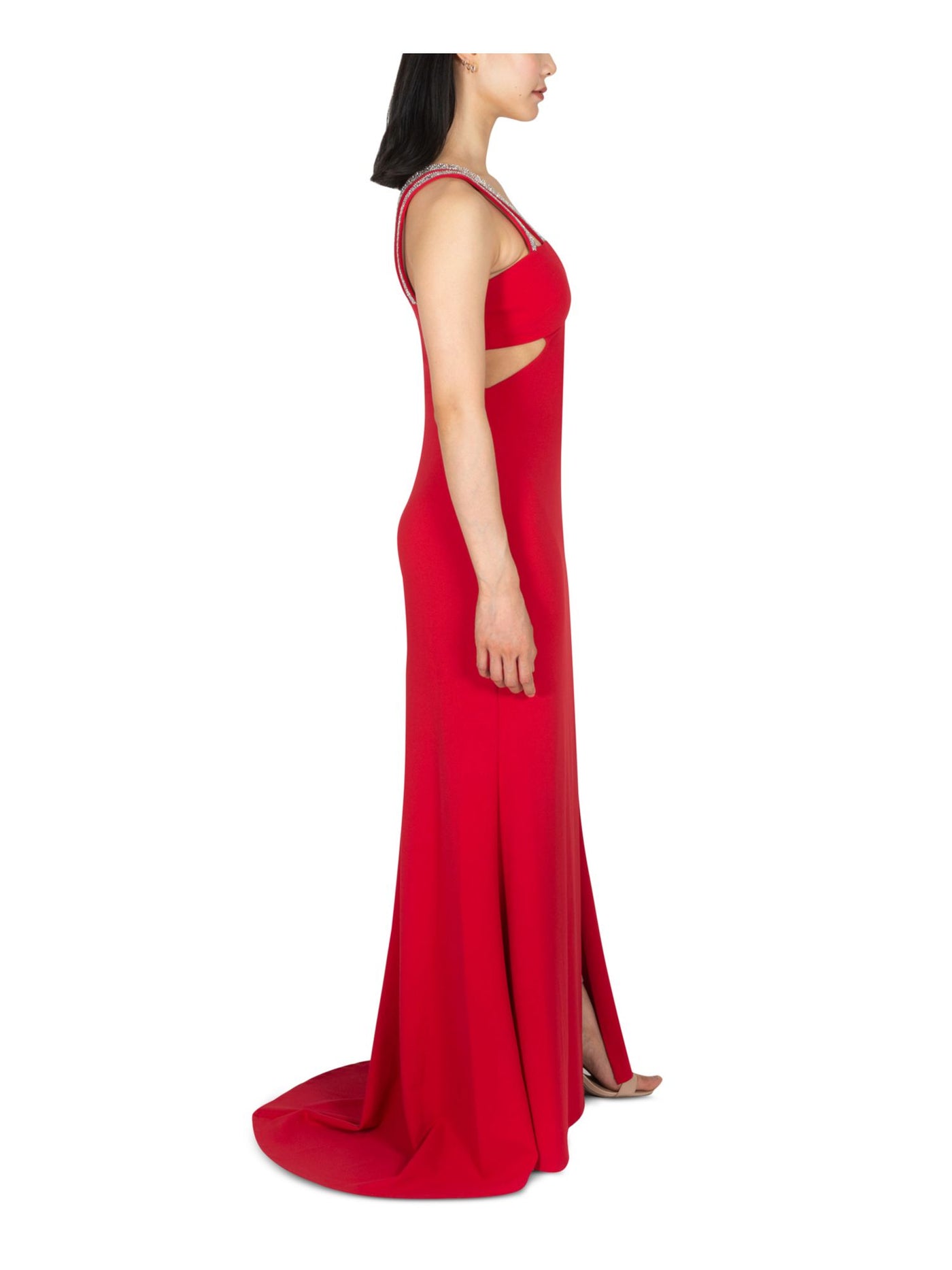 DEAR MOON Womens Red Stretch Zippered Slitted Embellished Double Straps Line V Neck Full-Length Prom Gown Dress 7