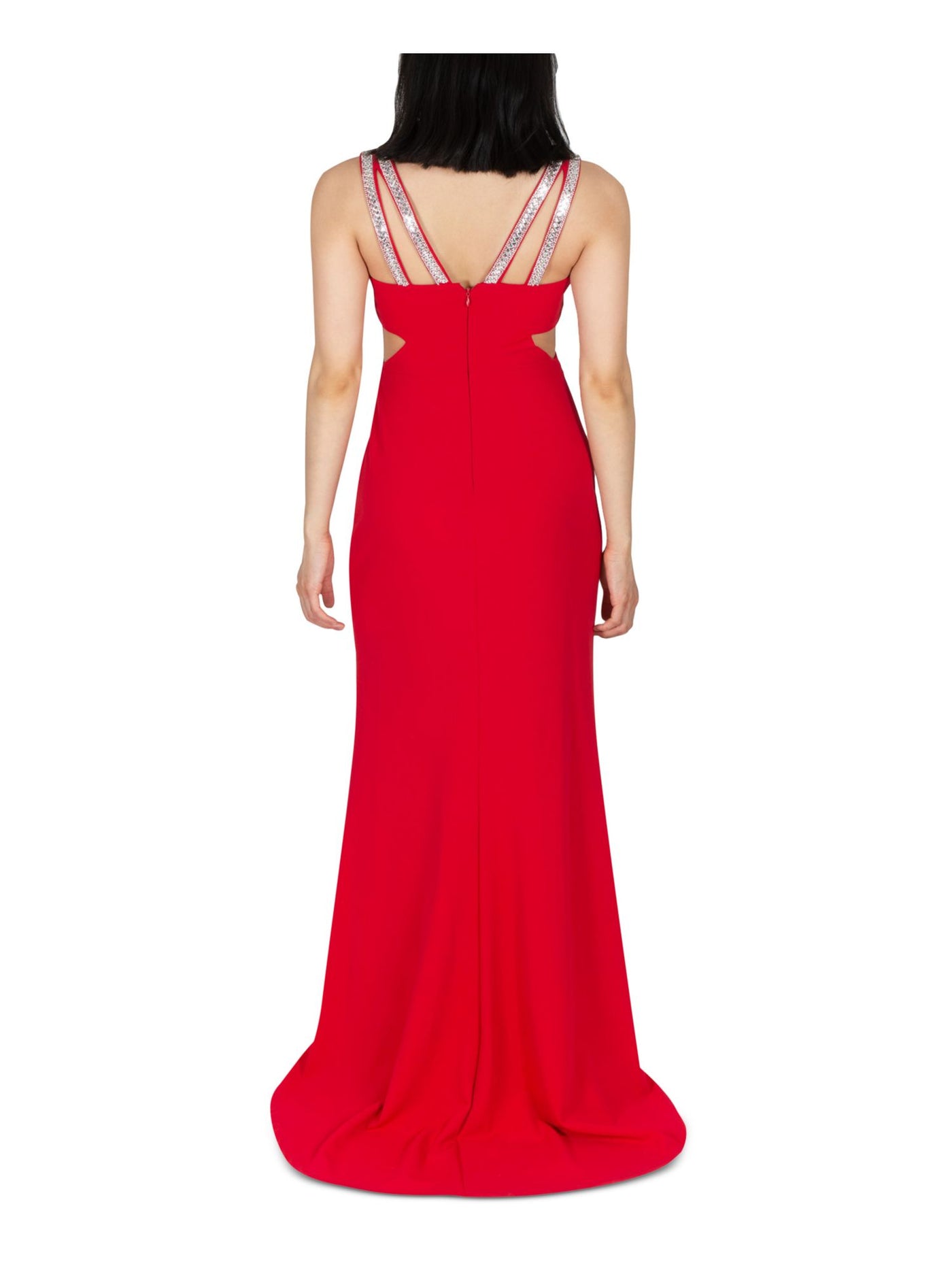 DEAR MOON Womens Red Stretch Zippered Slitted Embellished Double Straps Line V Neck Full-Length Prom Gown Dress 7