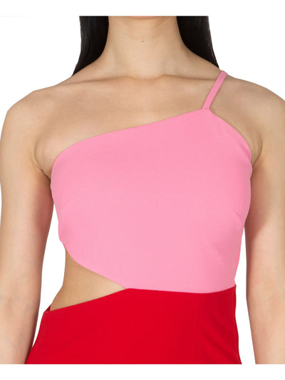 DEAR MOON Womens Pink Zippered Cut Out Color Block Spaghetti Strap Asymmetrical Neckline Short Cocktail Sheath Dress 13