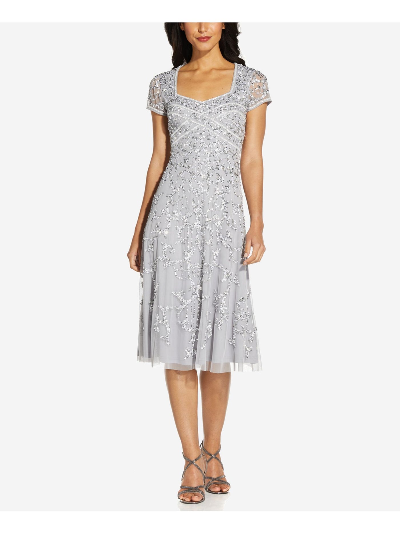 ADRIANNA PAPELL Womens Silver Embellished Zippered Cap Sleeve Queen Anne Neckline Below The Knee Formal Fit + Flare Dress 4