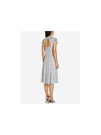 ADRIANNA PAPELL Womens Embellished Zippered Cap Sleeve Queen Anne Neckline Below The Knee Formal Fit + Flare Dress