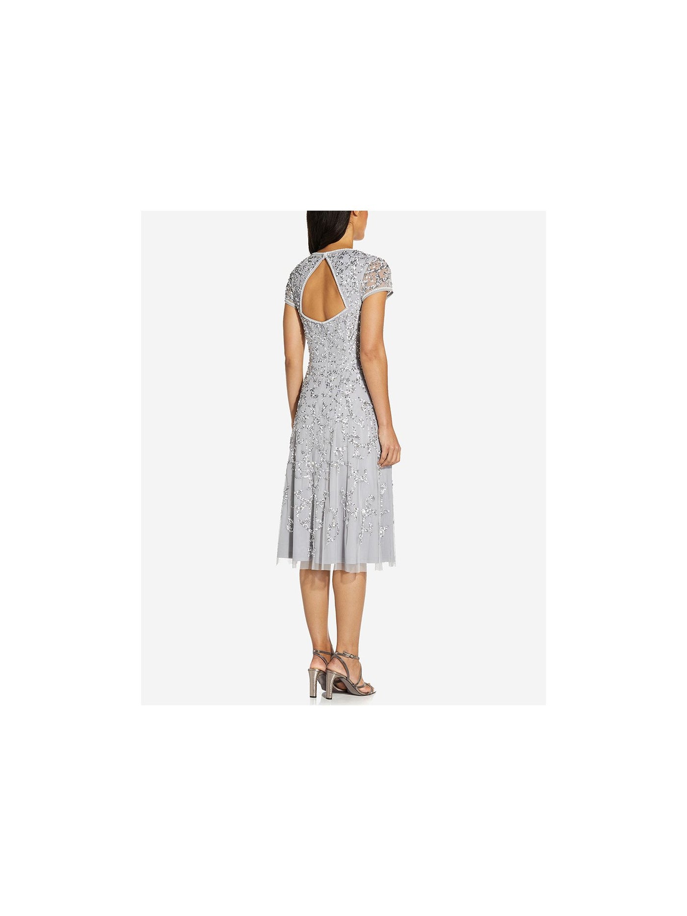 ADRIANNA PAPELL Womens Silver Embellished Zippered Cap Sleeve Queen Anne Neckline Below The Knee Formal Fit + Flare Dress 2