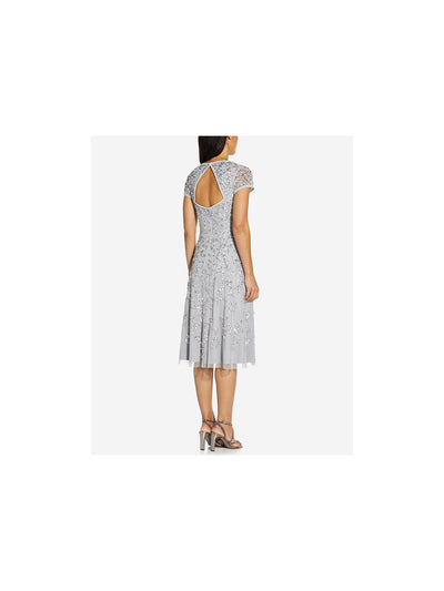 ADRIANNA PAPELL Womens Gray Embellished Zippered Cap Sleeve Queen Anne Neckline Below The Knee Formal Fit + Flare Dress 6
