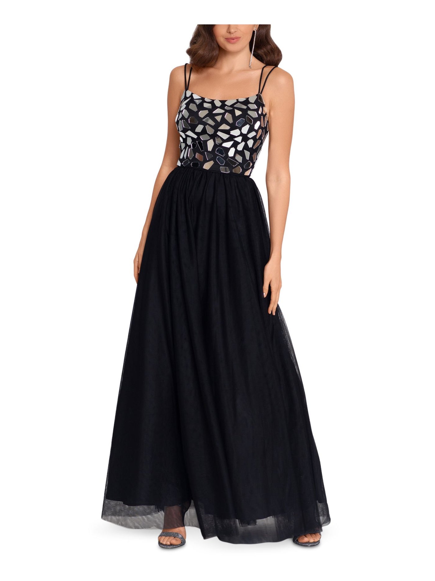 BLONDIE NITES Womens Black Embellished Spaghetti Strap Scoop Neck Full-Length Formal Fit + Flare Dress Juniors 9