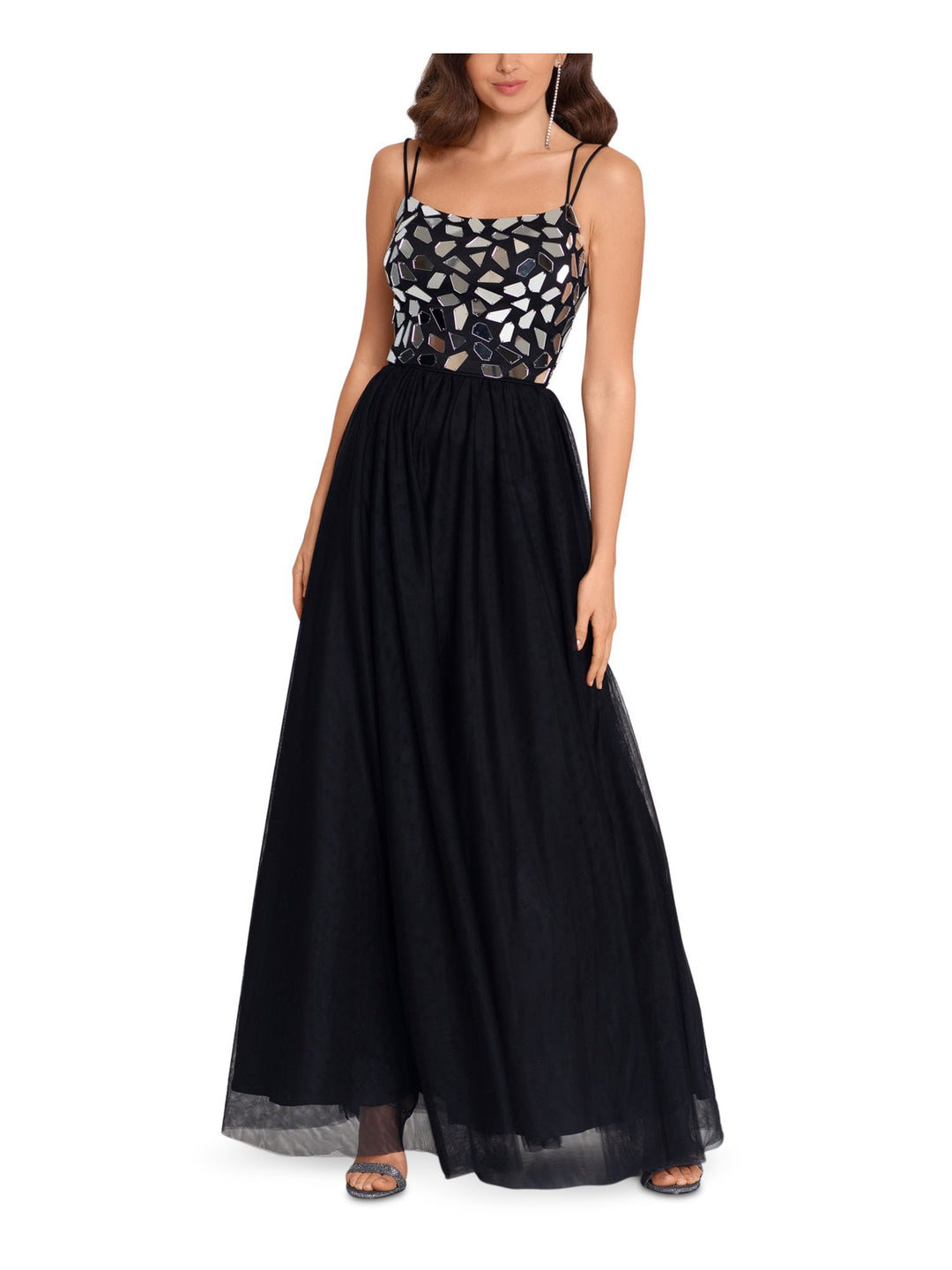 Blondie Womens Embellished Spaghetti Strap Scoop Neck Full-Length Formal Fit + Flare Dress 5 / Black