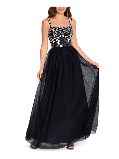 BLONDIE Womens Black Embellished Spaghetti Strap Scoop Neck Full-Length Formal Fit + Flare Dress Juniors 3