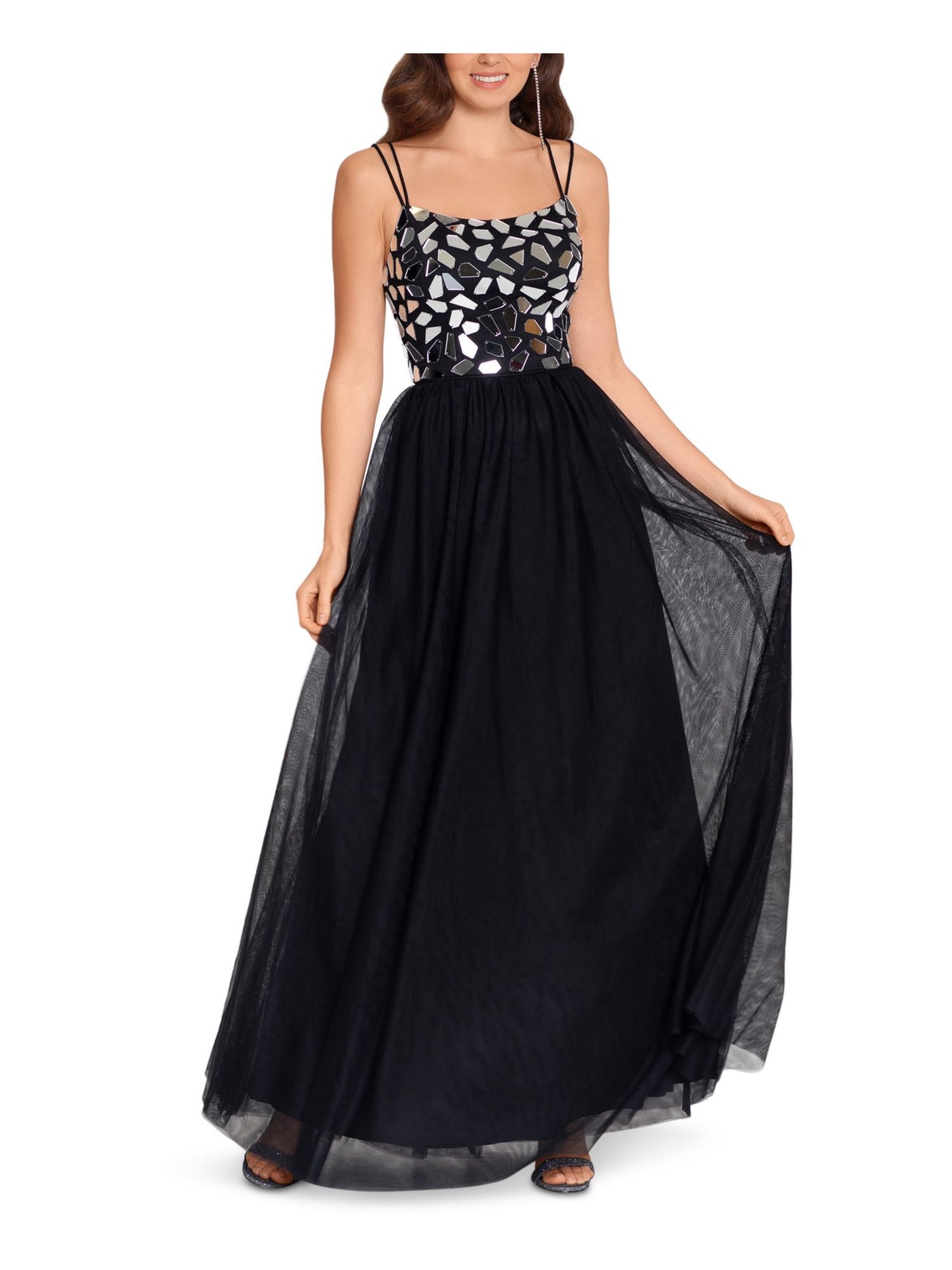 BLONDIE NITES Womens Black Embellished Spaghetti Strap Scoop Neck Full-Length Formal Fit + Flare Dress Juniors 7