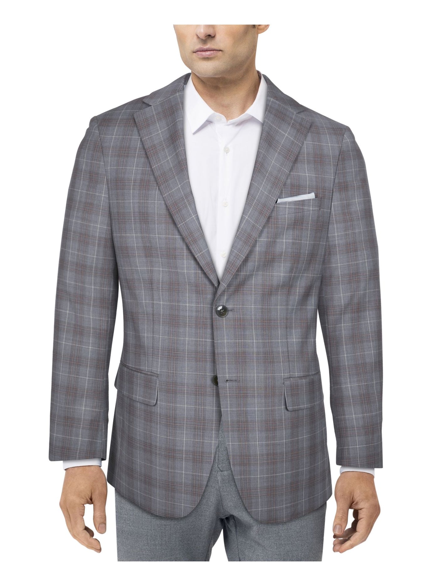 TALLIA ORANGE Mens Gray Single Breasted, Plaid Slim Fit Stretch Suit Blazer 44S