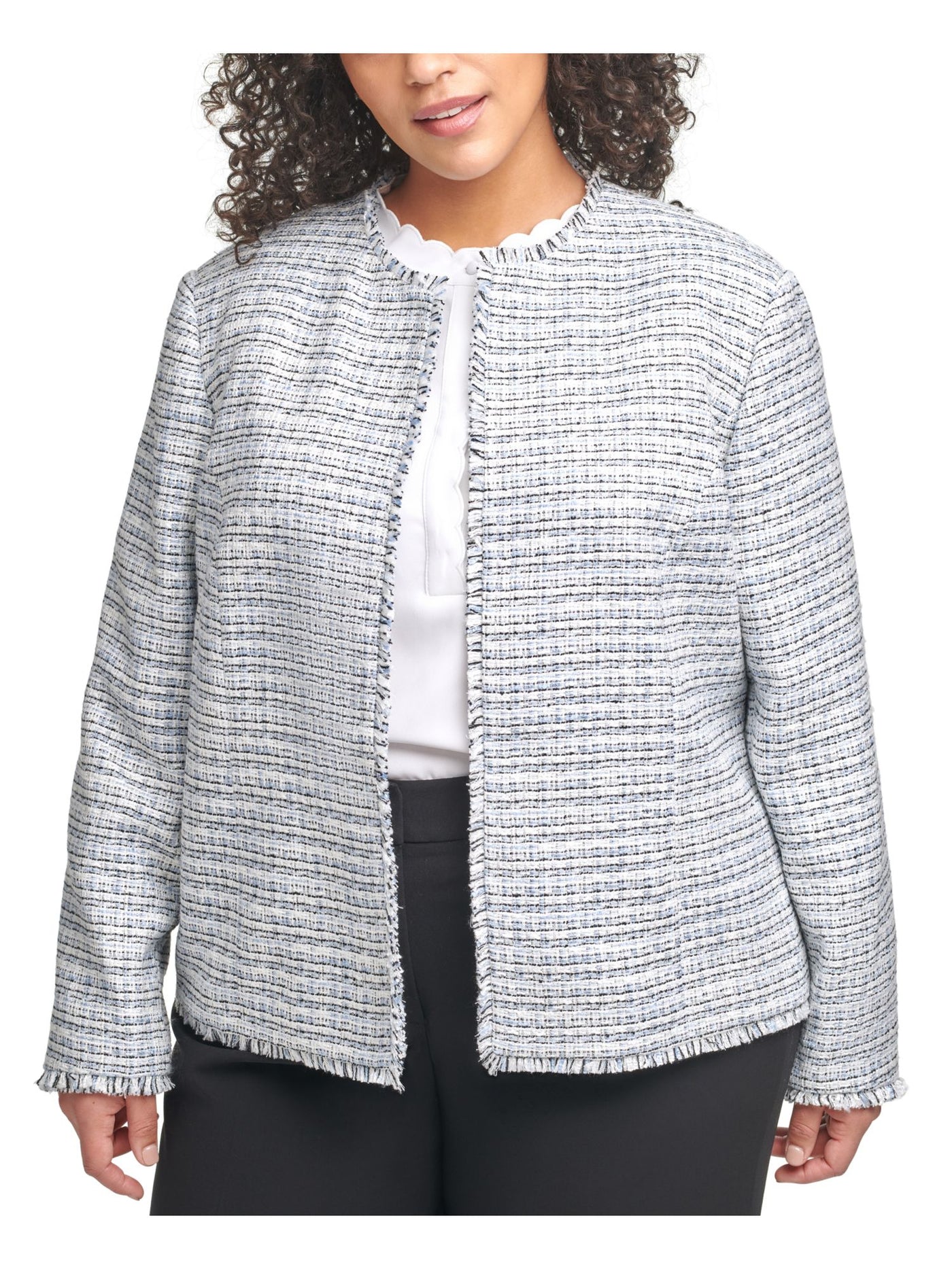 CALVIN KLEIN Womens Light Blue Fringed Tweed Lined Plaid Wear To Work Jacket 20W