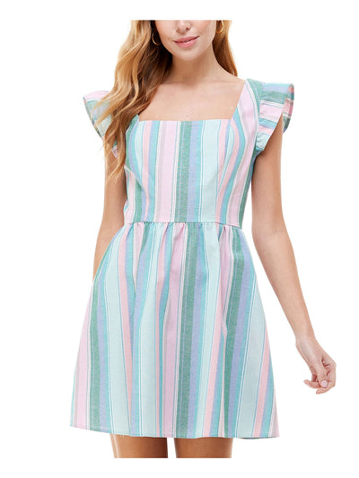 CRYSTAL DOLLS Womens Pink Striped Flutter Short Fit + Flare Dress S