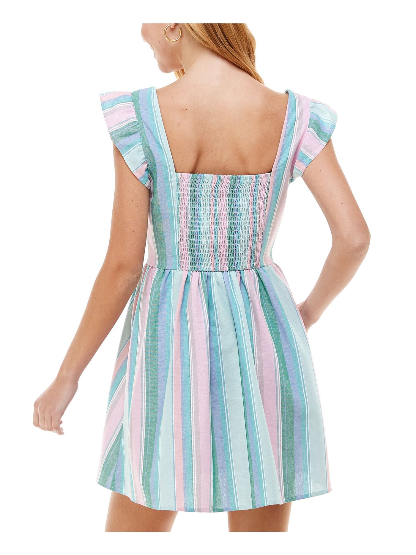 CRYSTAL DOLLS Womens Flutter Short Smocked Square Neck Fit + Flare Dress