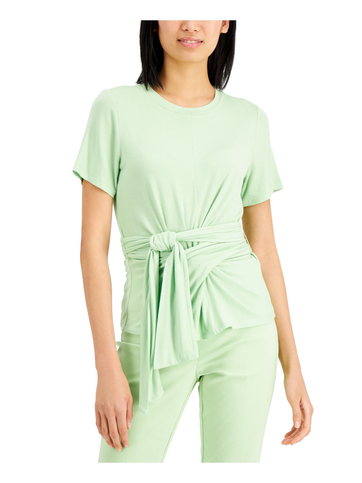 ALFANI Womens Green Stretch Short Sleeve Scoop Neck Top Petites PS