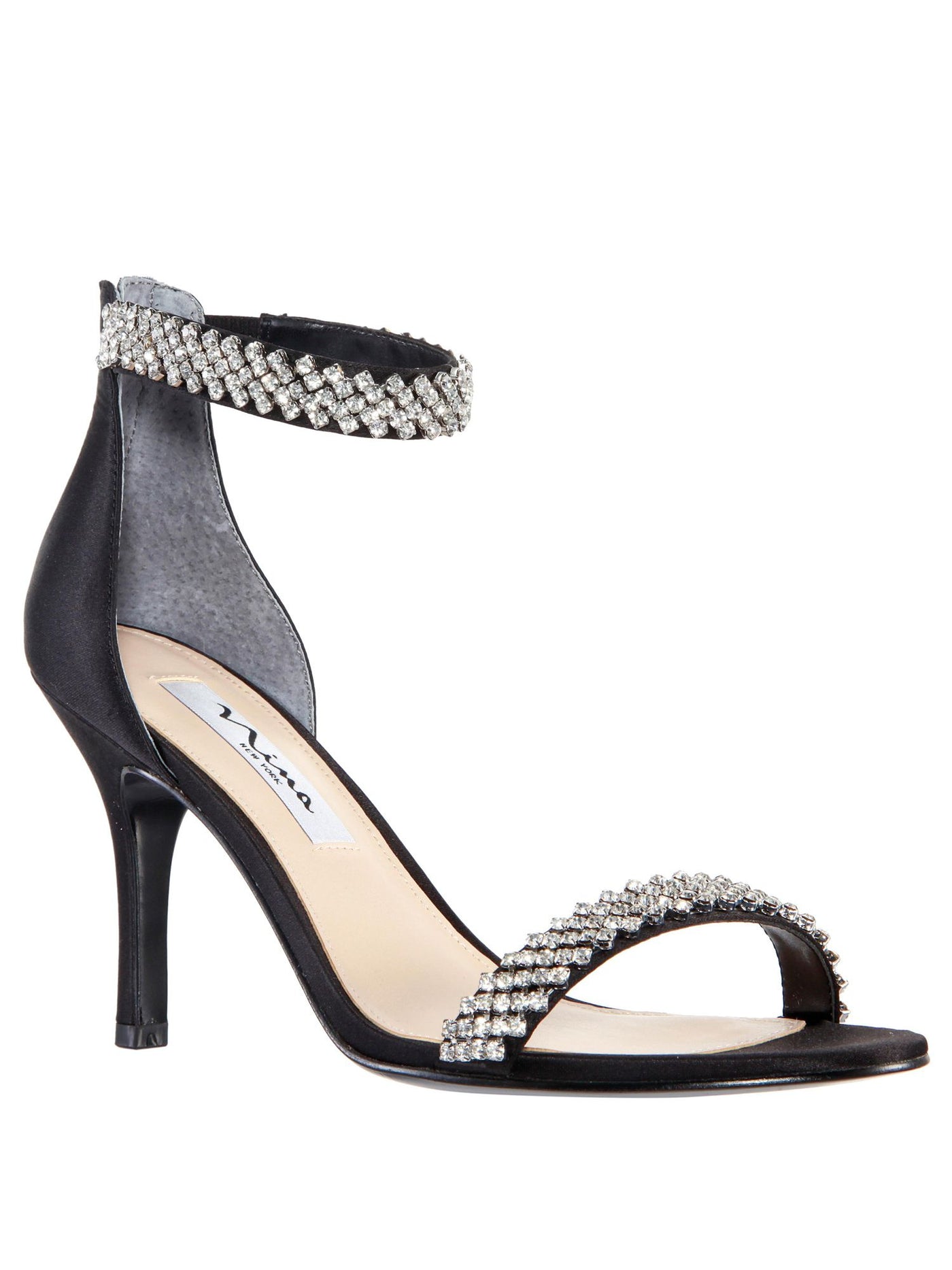 NINA Womens Black Rhinestone Ankle Strap Vauna Almond Toe Stiletto Zip-Up Leather Dress Heeled Sandal 8.5 M
