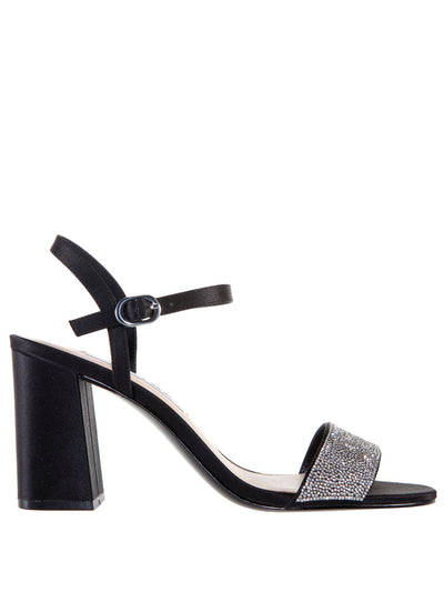 NINA Womens Black Tiny Faceted Crystals Rhinestone Ankle Strap Padded Haven Almond Toe Block Heel Buckle Dress Sandals Shoes 7 M