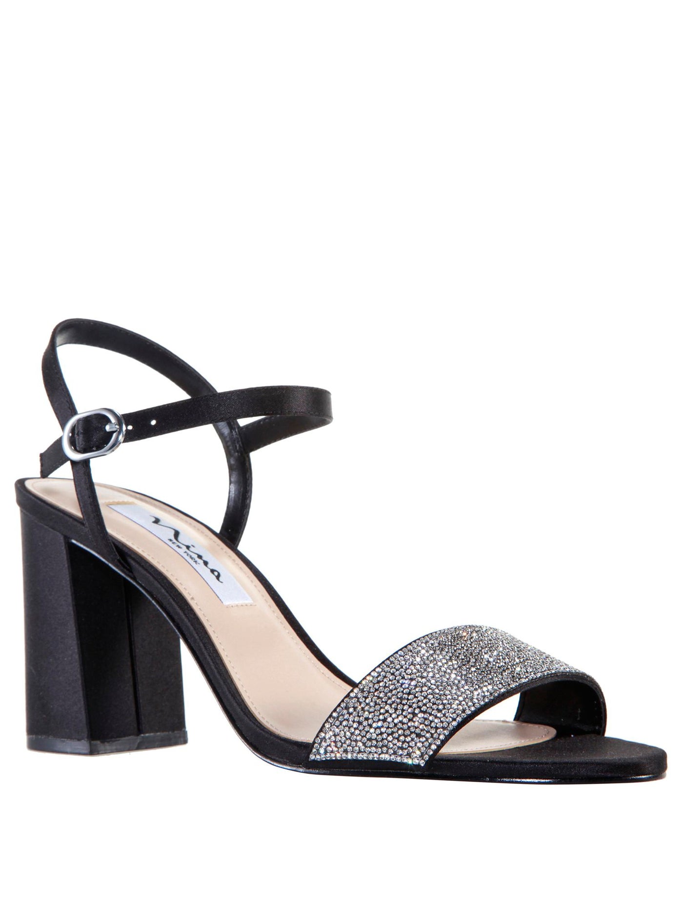 NINA Womens Black Tiny Faceted Crystals Rhinestone Ankle Strap Padded Haven Almond Toe Block Heel Buckle Dress Sandals Shoes 7 M