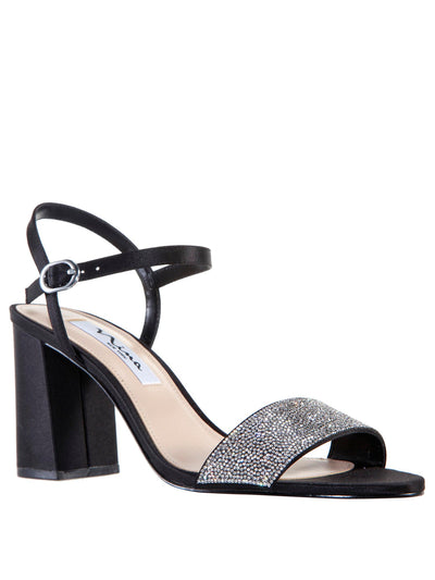 NINA Womens Black Tiny Faceted Crystals Rhinestone Ankle Strap Padded Haven Almond Toe Block Heel Buckle Dress Sandals Shoes 7 M