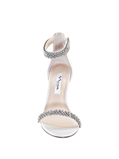 NINA Womens Ivory Rhinestone Ankle Strap Vauna Almond Toe Stiletto Zip-Up Leather Dress Heeled Sandal 7 M