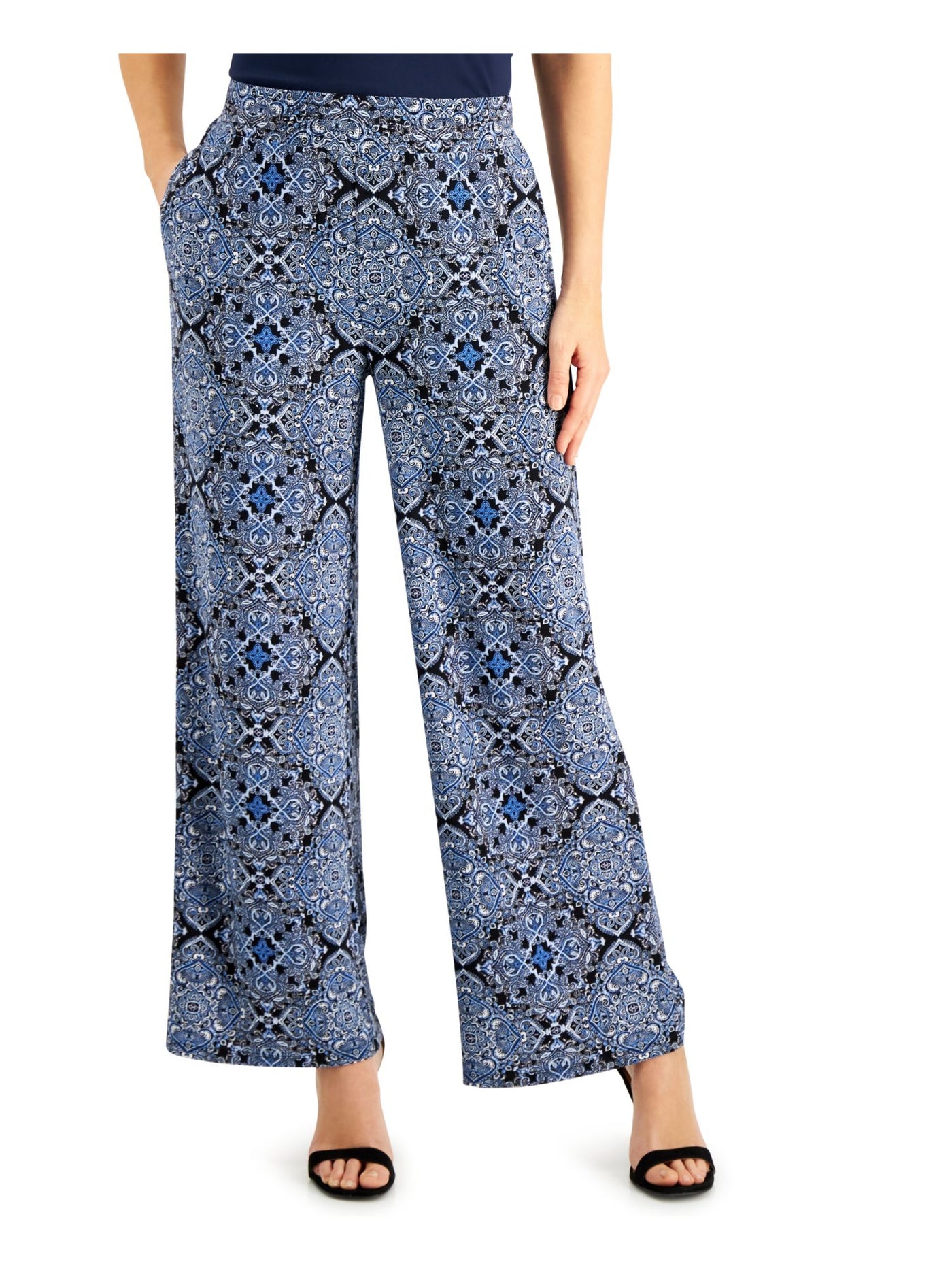 KASPER Womens Blue Smocked Pull-on Style Printed Wide Leg Pants XL