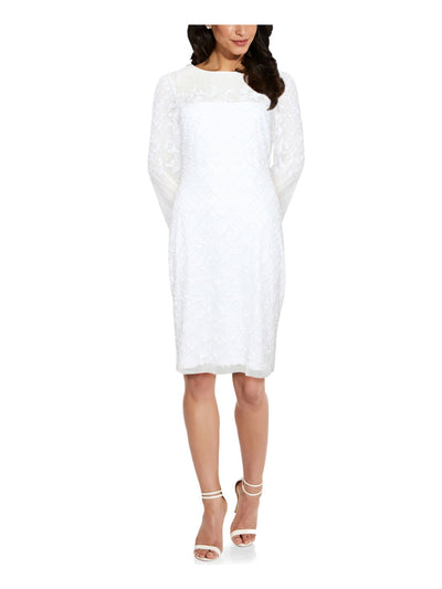 ADRIANNA PAPELL Womens Beaded Sequined Zippered Lined Long Sleeve Illusion Neckline Above The Knee Formal Sheath Dress
