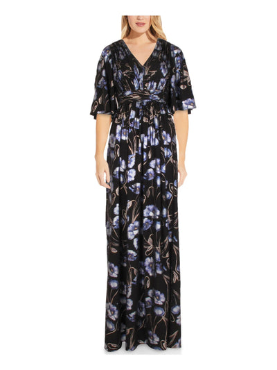 ADRIANNA PAPELL Womens Black Pleated Zippered Metallic Floral Kimono Sleeve V Neck Full-Length Evening Gown Dress Petites 10P