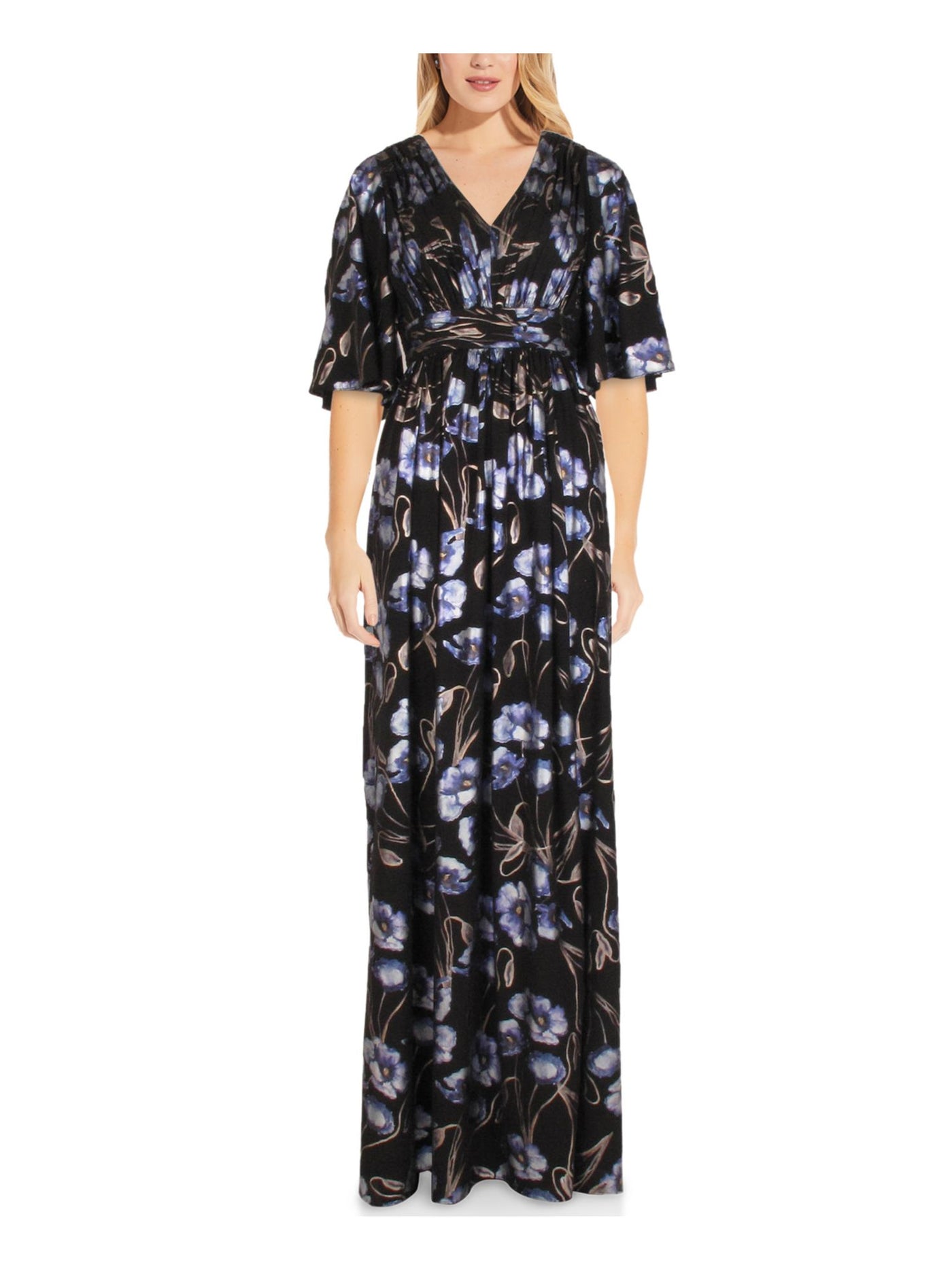 ADRIANNA PAPELL Womens Black Pleated Zippered Metallic Floral Kimono Sleeve V Neck Full-Length Evening Gown Dress 0