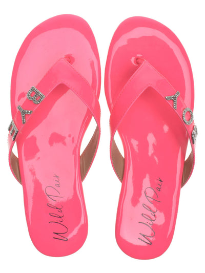 WILD PAIR Womens Pink Rhinestone Fantasia Round Toe Slip On Thong Sandals Shoes 6 M