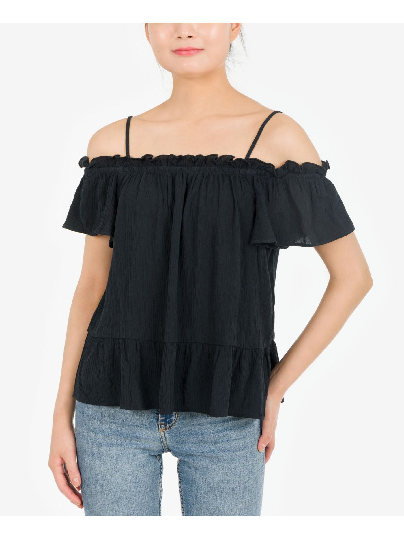 HIPPIE ROSE Womens Black Stretch Cold Shoulder Ruffled Flutter Sleeve Square Neck Peplum Top S