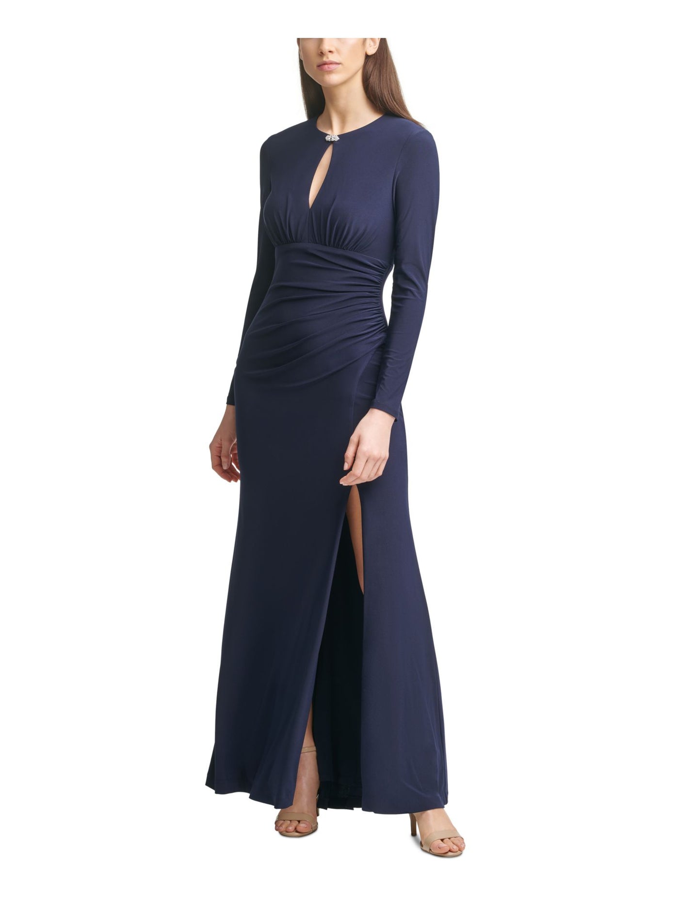 VINCE CAMUTO Womens Navy Stretch Embellished Zippered Slitted Ruched Long Sleeve Keyhole Full-Length Formal Gown Dress 4