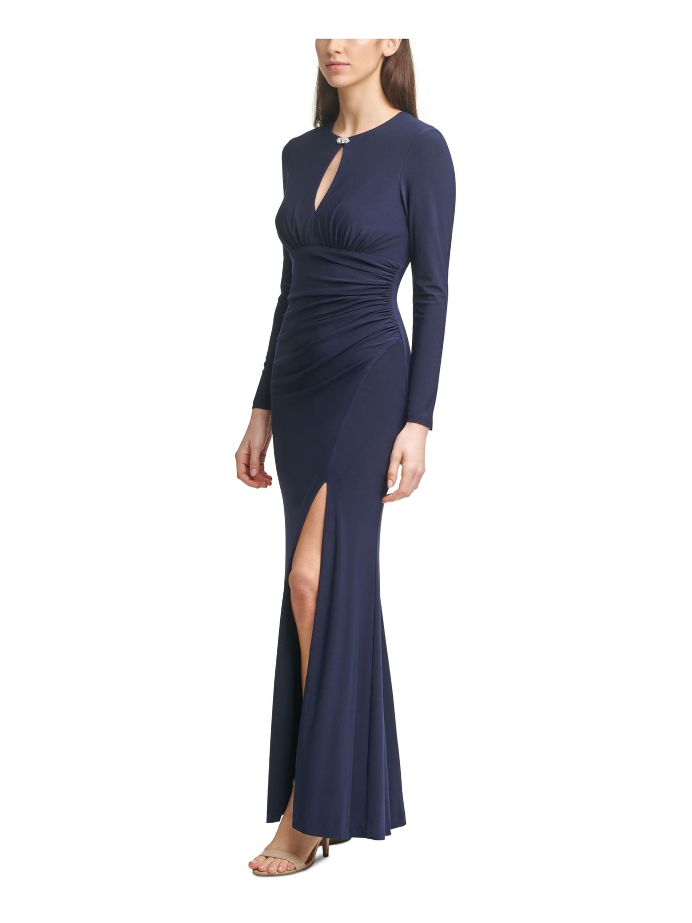 VINCE CAMUTO Womens Navy Stretch Embellished Zippered Slitted Ruched Long Sleeve Keyhole Full-Length Formal Gown Dress 4