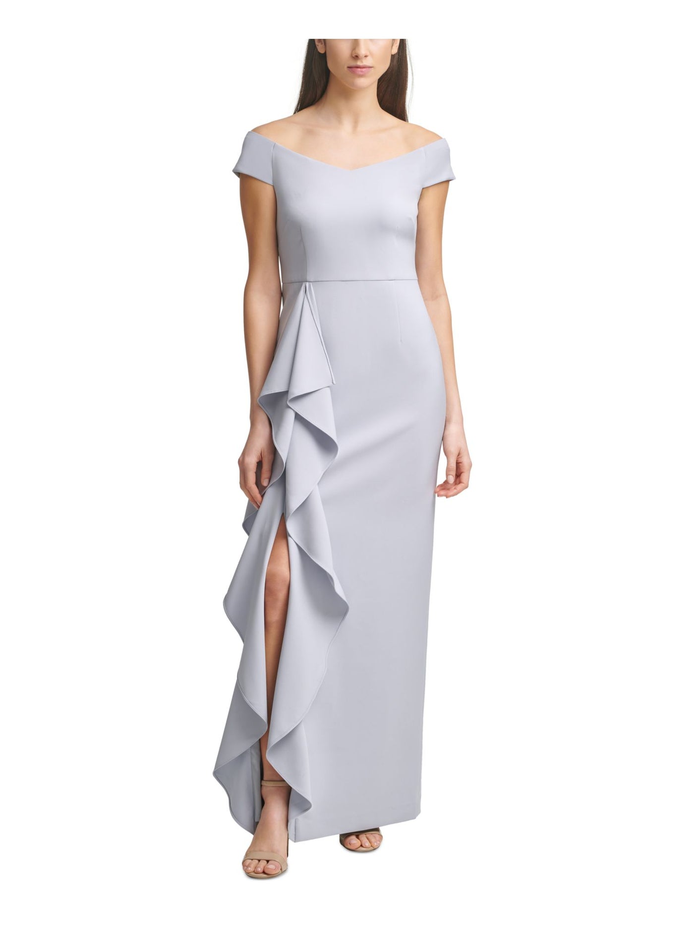 VINCE CAMUTO Womens Gray Ruffled Slitted Zippered Short Sleeve Off Shoulder Full-Length Evening Dress 6