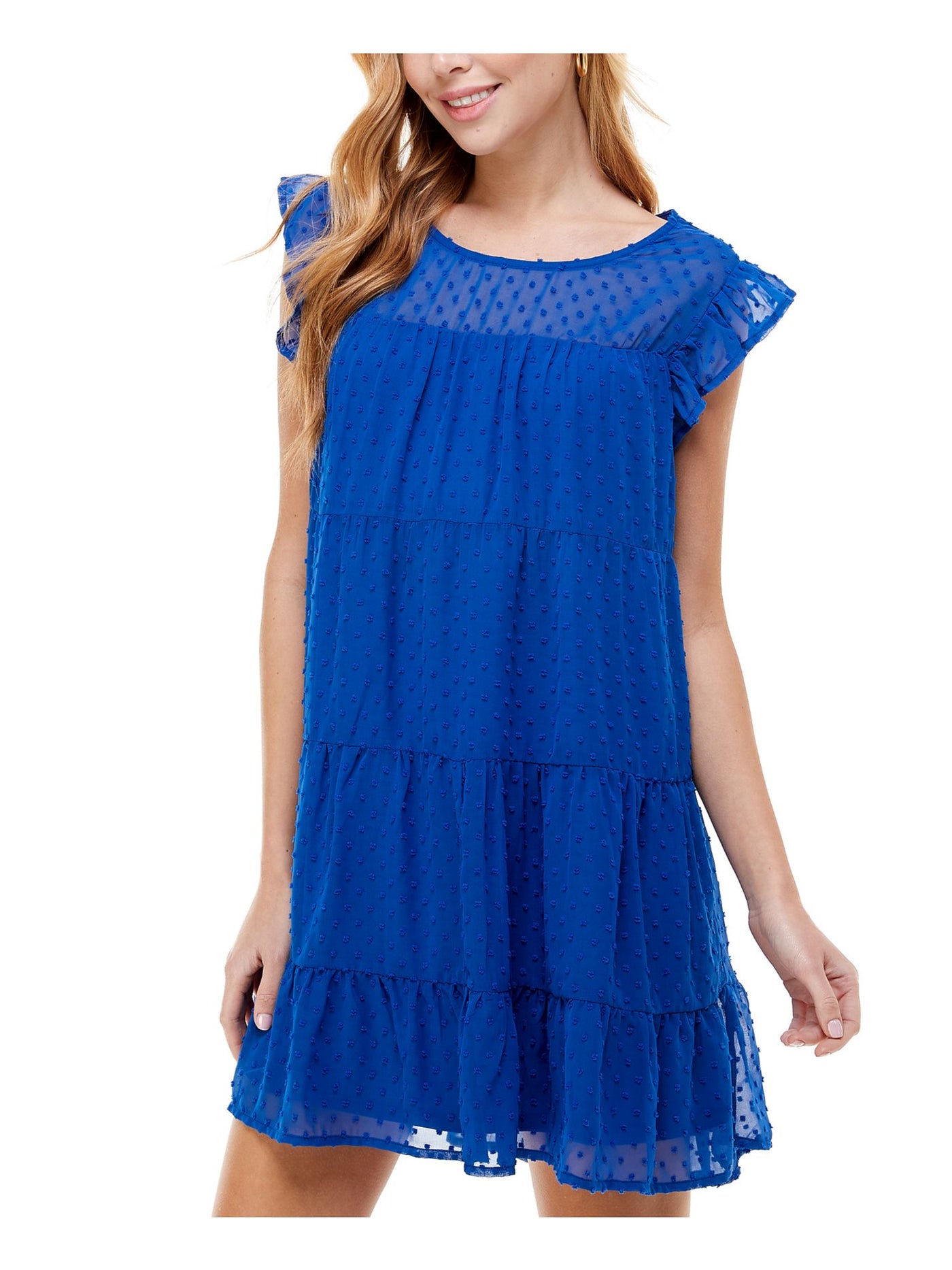 CRYSTAL DOLLS Womens Blue Textured Flutter Sleeve Crew Neck Mini Baby Doll Dress M