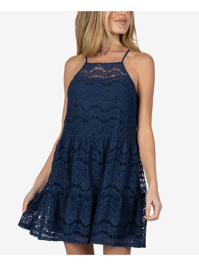 SPEECHLESS Womens Navy Lace Pocketed Sleeveless Halter Short Shift Dress L