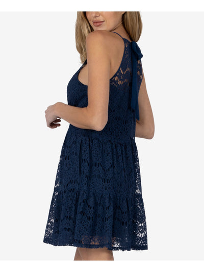 SPEECHLESS Womens Navy Lace Pocketed Sleeveless Halter Short Shift Dress L