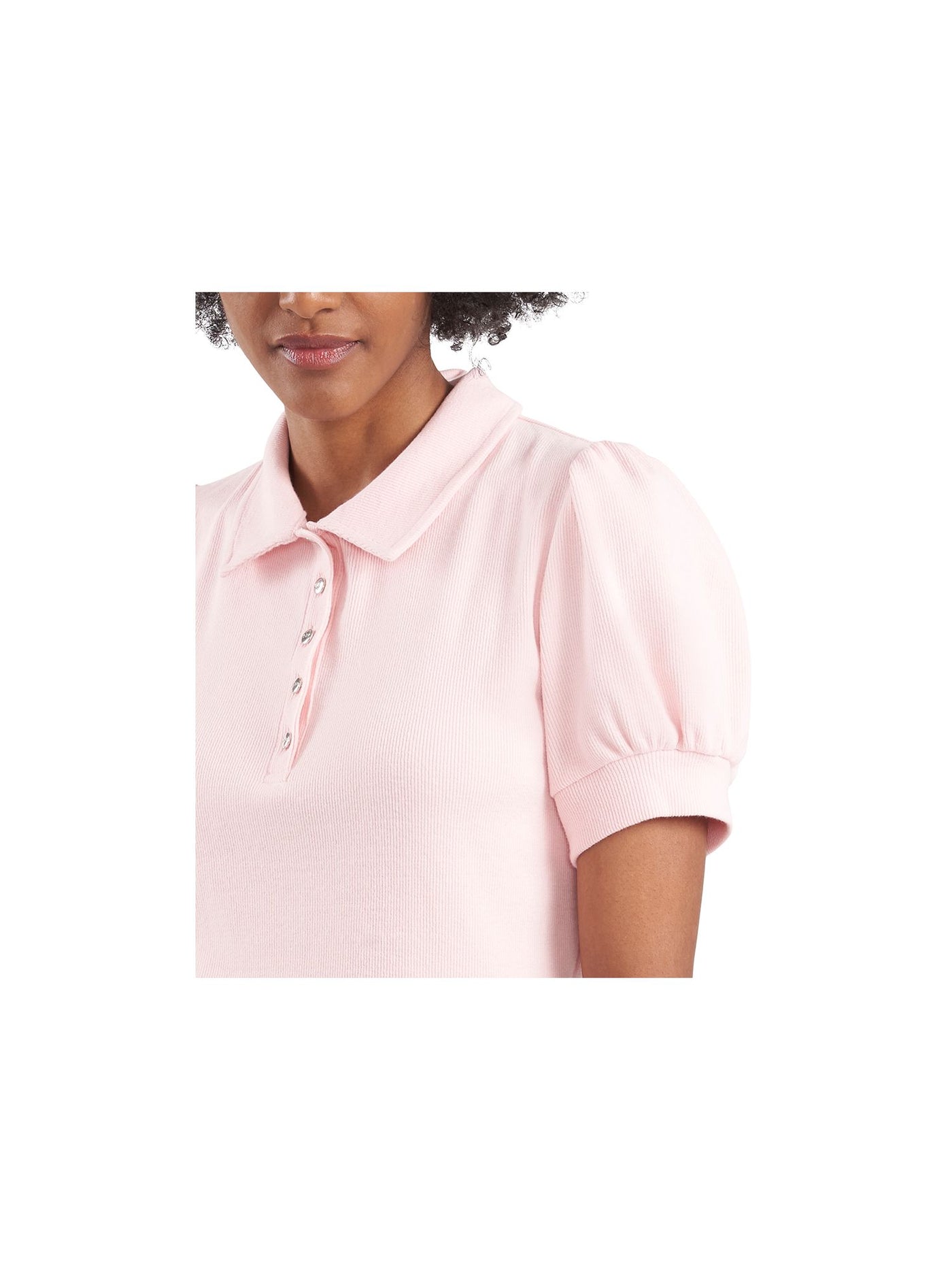 RILEY&RAE Womens Stretch Ribbed Polo Pouf Sleeve Collared Top