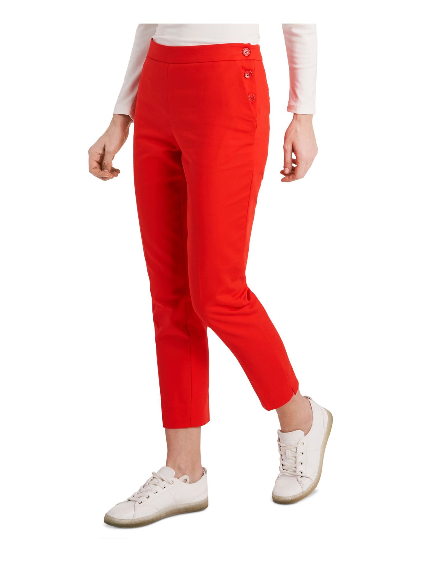 RILEY&RAE Womens Red Stretch Pocketed Button Closure Side Seam Straight leg Pants 2
