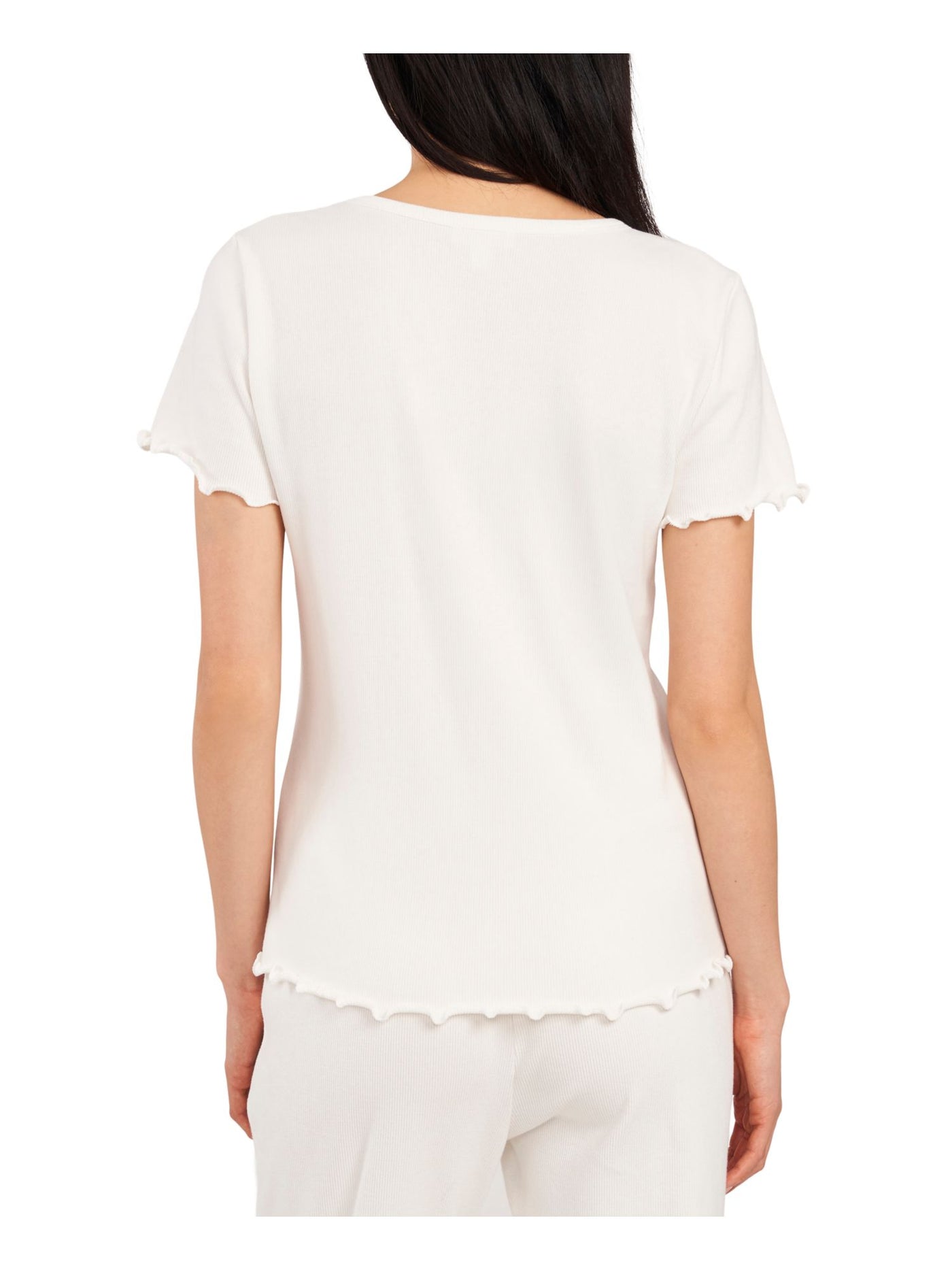 RILEY&RAE Womens White Stretch Ribbed Lettuce Edge Cuffs And Hem Short Sleeve V Neck Top M