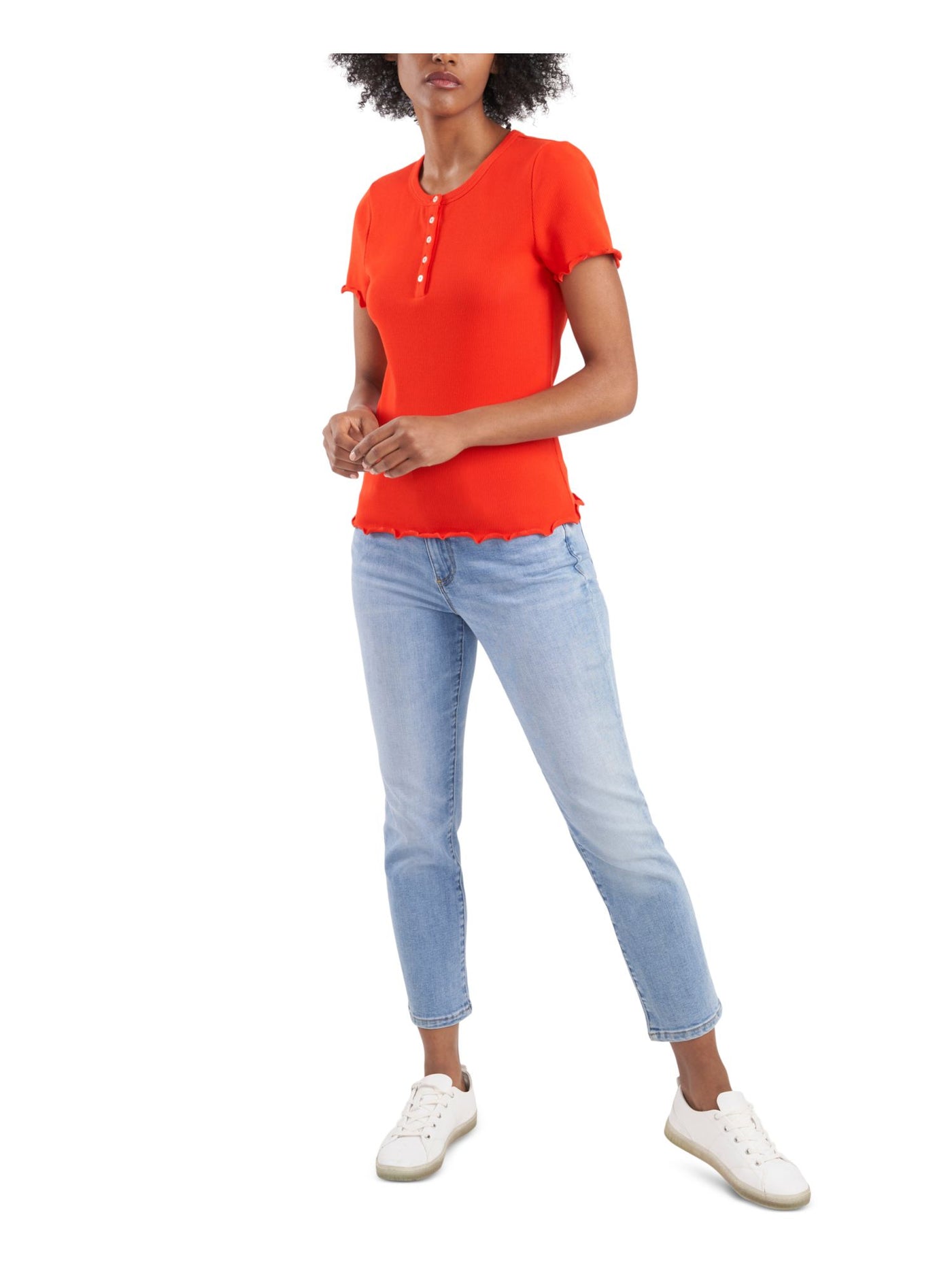 RILEY&RAE Womens Red Stretch Ribbed Lettuce-edge Buttoned Henley Short Sleeve Crew Neck Top L