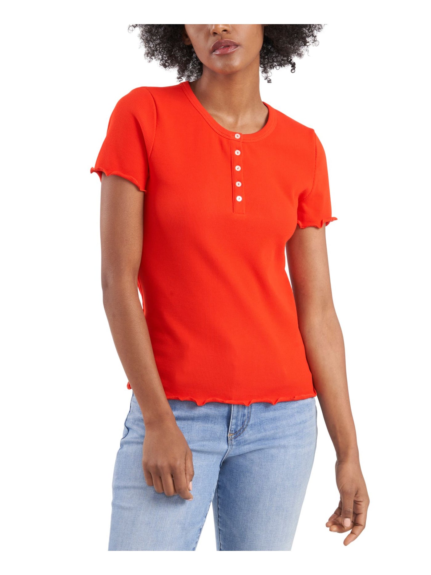 RILEY&RAE Womens Red Stretch Ribbed Lettuce-edge Buttoned Henley Short Sleeve Crew Neck Top L