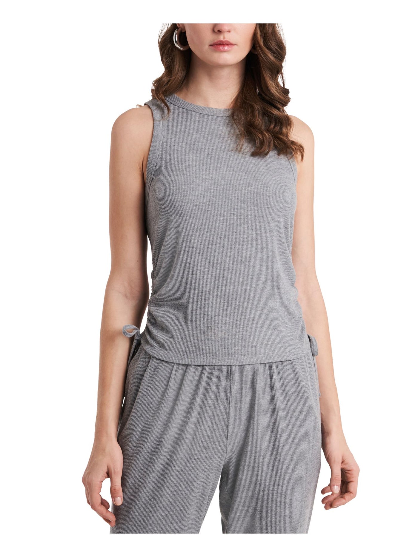 1. STATE Womens Gray Stretch Ruched Side-ties Sleeveless Crew Neck Tank Top L