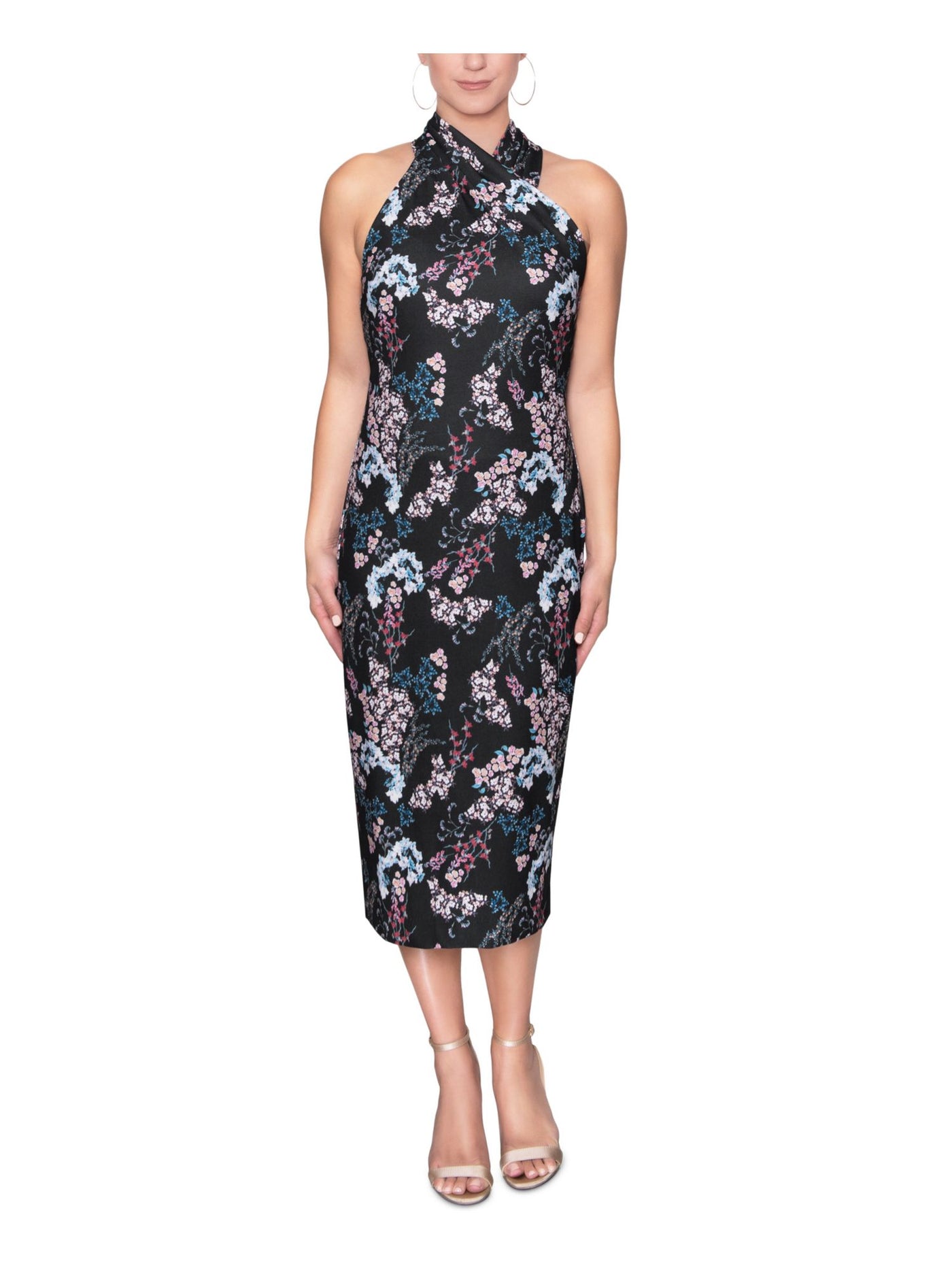 RACHEL RACHEL ROY Womens Black Stretch Pleated Zippered Floral Sleeveless Halter Midi Evening Sheath Dress XS