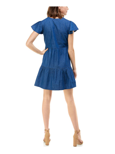 PLANET GOLD Womens Chambray Flutter Sleeve Split Short A-Line Dress