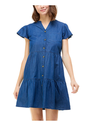 PLANET GOLD Womens Blue Chambray Flutter Sleeve Split Short A-Line Dress S