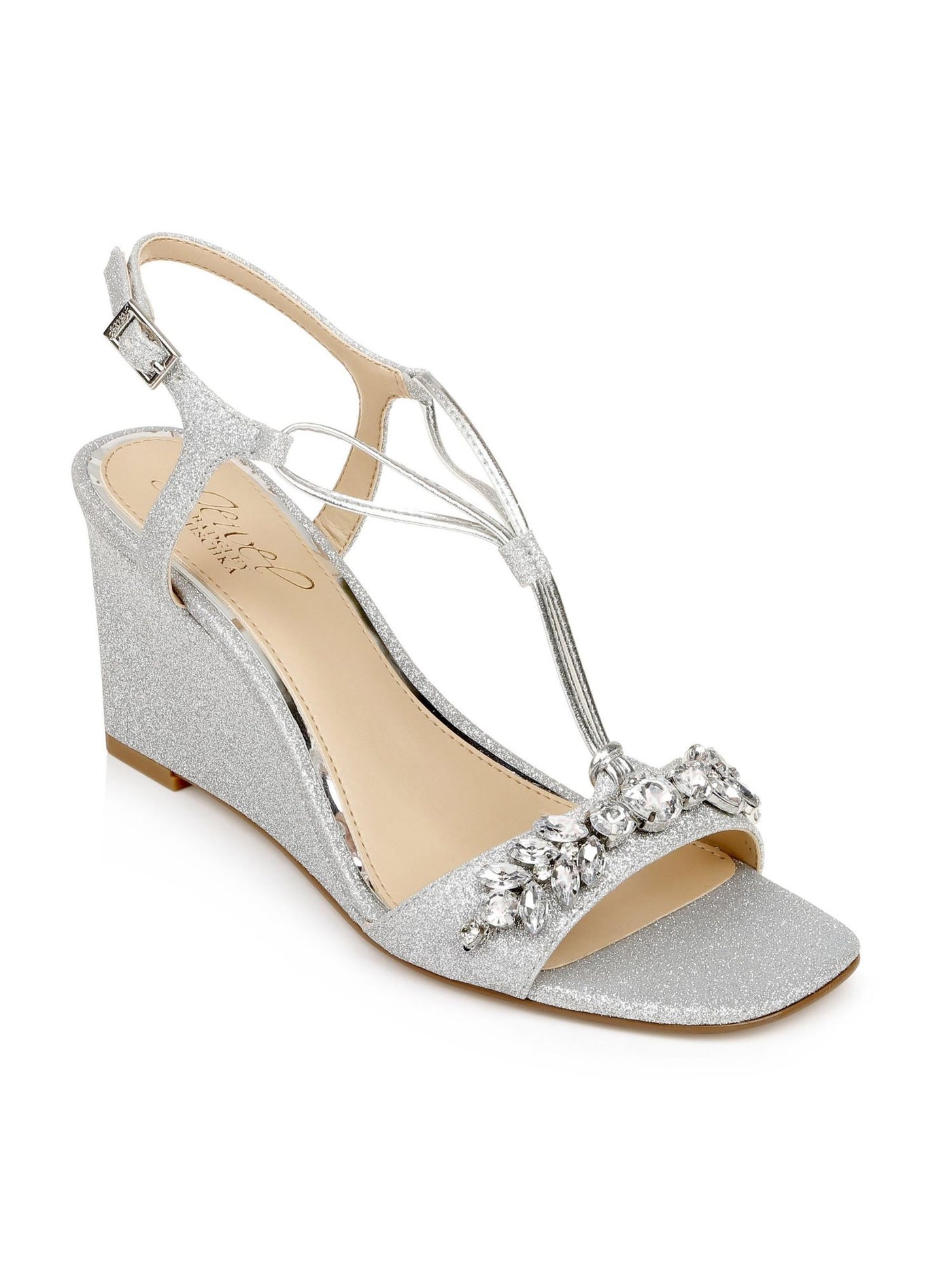 JEWEL BADGLEY MISCHKA Womens Silver Glitter Tubular Straps Comfort Adjustable Strap Gem Accent Oakes Square Toe Wedge Buckle Dress Sandals Shoes 7
