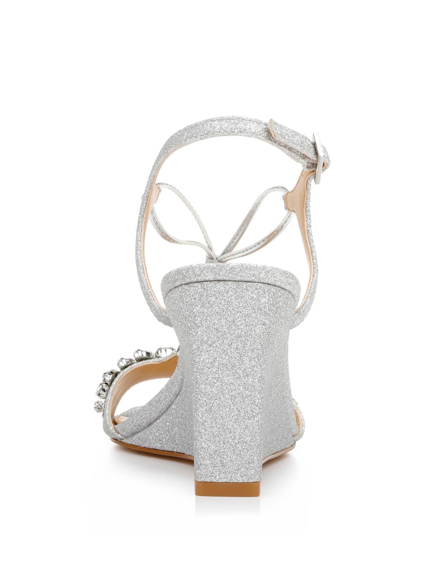 JEWEL BADGLEY MISCHKA Womens Silver Glitter Tubular Straps Comfort Adjustable Strap Gem Accent Oakes Square Toe Wedge Buckle Dress Sandals Shoes 8